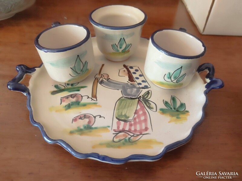 Olasz Framar Ceramica Artistica Vietrese kézzel festett likőrös készlet tálcával