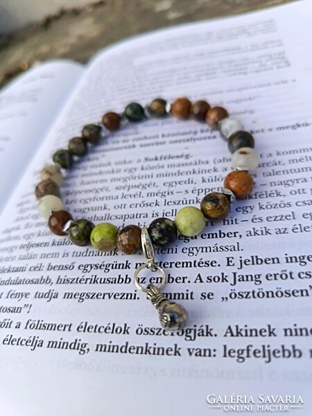 OPáL KaNyoN ,férfi nemes opál ásvány karkötő – Zöld és dendrites opál válogatás, dollár-charmmal