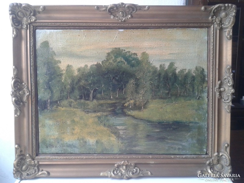 IMPRESSZIONISTA STILUSÚ MAGYAR  SZABÓ szignált FOLYÓPARTI TÁJ keretezve-37X47 cm