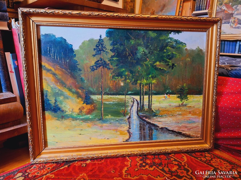 Szombathelyi festő-ifj GERENCSÉR FERENC (1928 - ?) PATAK A HATÁRON 1975 o/frt 85x63 cm fa keretével