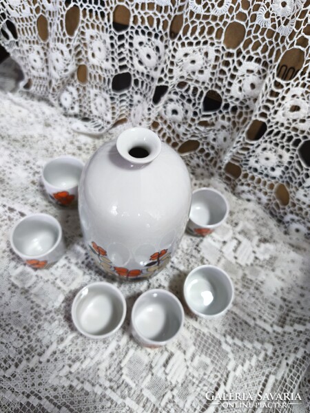 Antik Hollóházi porcelán likőrös készlet – Faragó Milada tervezte retro Flóra szett