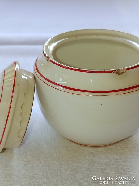 Vintage Kispesti Gránit keménycserép CUKORTARTÓ piros csíkos dekorral