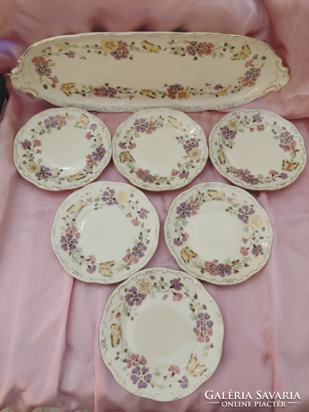 HIBÁTLAN! Zsolnay porcelán pillangó mintás 6 + 1 süteményes vagy szendvicses készlet