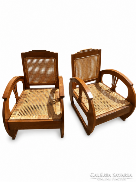 Antik Art Deco gyarmati fotelpár – tömör tikfa, kézzel font francia rattan