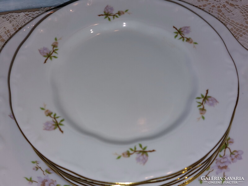 Zsolnay lila barackvirágos süteményes porcelán készlet, arany széllel