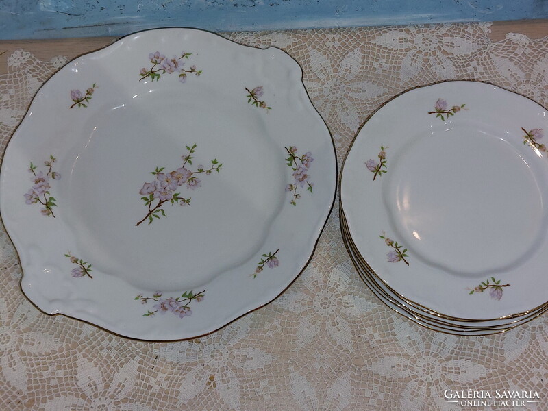 Zsolnay lila barackvirágos süteményes porcelán készlet, arany széllel