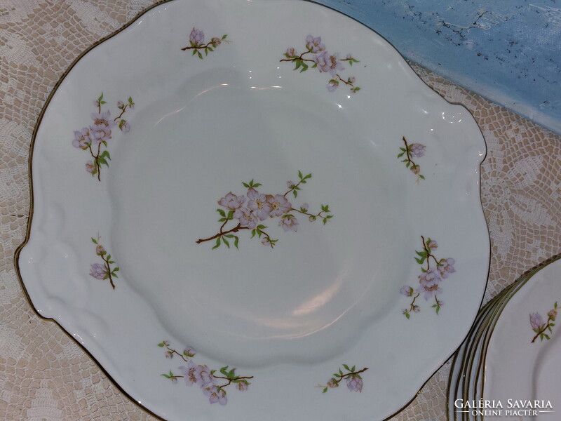 Zsolnay lila barackvirágos süteményes porcelán készlet, arany széllel