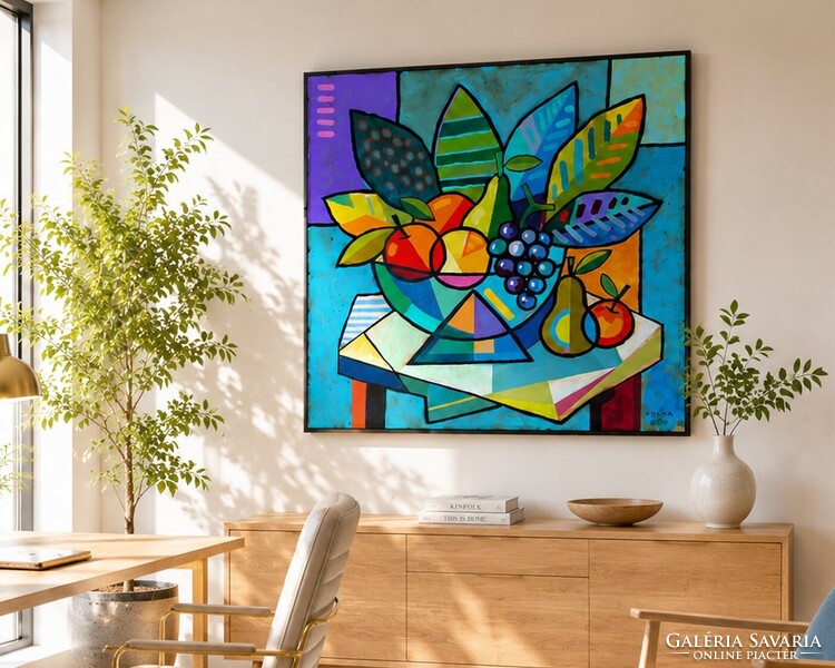 Kubista csendélet , 90x90 cm, Piotr Wrona - lengyel kortárs festő