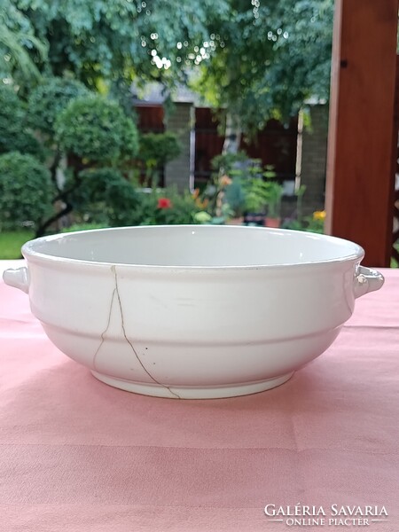 Vintage fajansz / vastag falú porcelán füles LEVESESTÁL dekorációnak / kaspónak