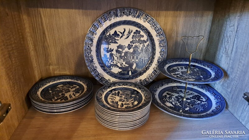 Angol Churchill Blue Willow porcelán süteményes készlet