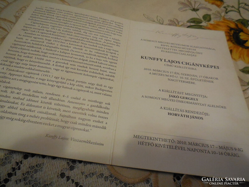 Meghívó - Kunffy Lajos  festőművész , cigányképei , Somogy megyei , kiállítására , 2010.