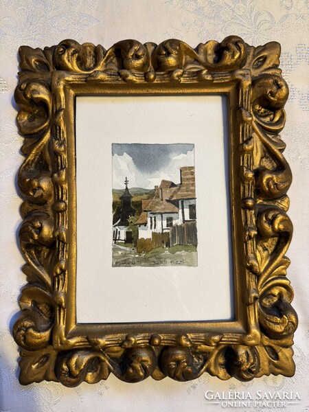 Watercolor painting by painter Ferenc Barsi, Hollókő