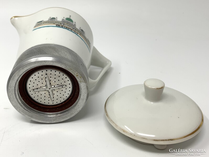 Retro kotyogós 2 szem. kávéfőző porcelán kiöntővel, Budapest Parlament látképpel RZ