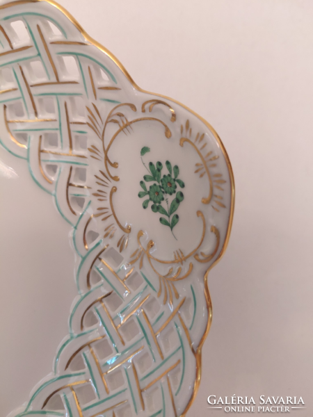 HIBÁTLAN! Herendi porcelán zöld Apponyi mintás áttört kínálótál asztalközép tálka