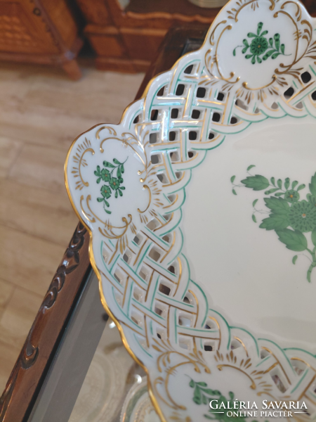 HIBÁTLAN! Herendi porcelán zöld Apponyi mintás áttört kínálótál asztalközép tálka