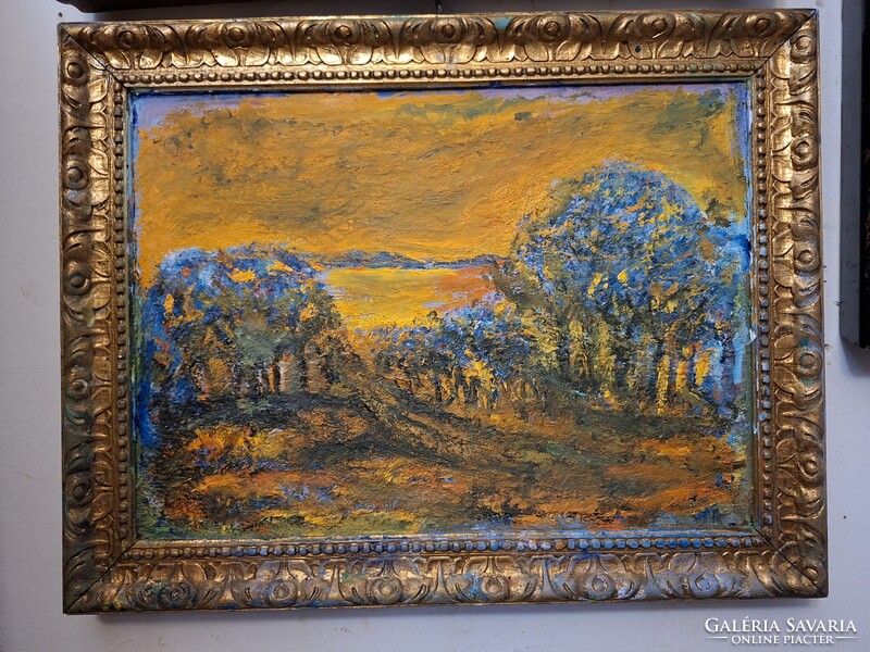 JÁK PÉTER 2025 o/v 41X30 cm "Narancs este" -antik szecessziós kerettel