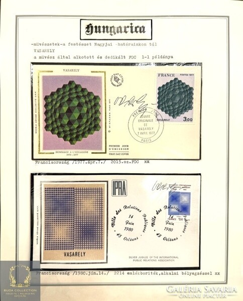 Hungarica tematikus filatéliai gyűjtemény 60 kiállítási lapon 5 Vasarely aláírt bélyeggel/FDC-vel