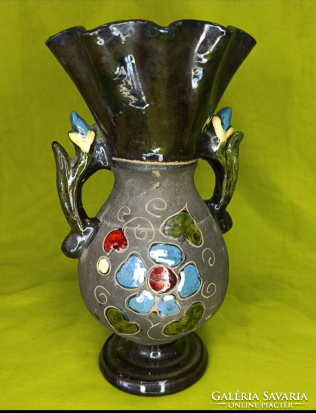 Erdélyi karcolt, festett ,mázas kerámia váza ,23 cm  1950 körül