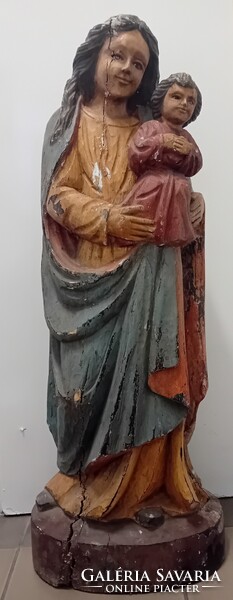 Antik üvegszemű madonna kis Jézussal , faragott fa , 100 cm