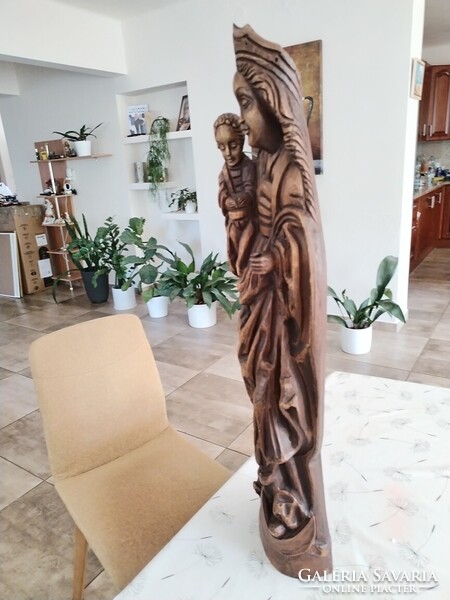 Mária a Kisjézussal kézzel faragott fa szobor, falidísz nagy méret (75 cm)