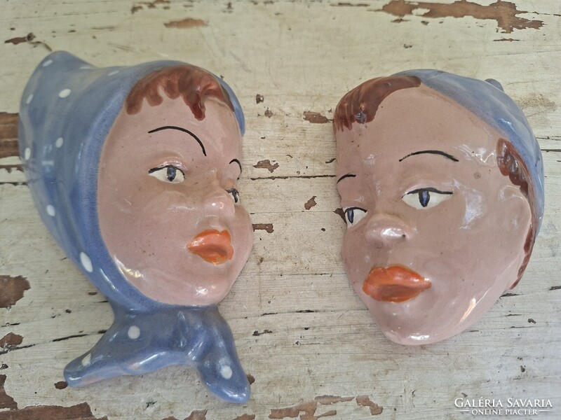 Vintage Goebel / Art Deco stílusú kerámia fali maszk pár (kisfiú és kislány), 1950-es évek