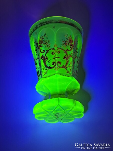 Antique uranium green Biedermeier footed decorative glass, hand-painted gold floral pattern, 1850, flawless