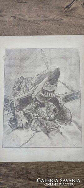 Junkers JU 87 (LUFTWAFFE). Original wartime charcoal drawing (1947)