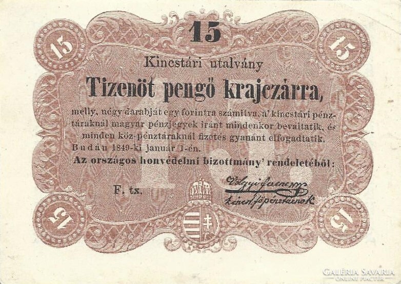 15 tizenöt pengő krajczárra krajcárra 1849 Kossuth bankó 3.