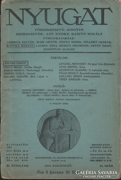 Folyóirat. Nyugat. 1918. Karácsony. Kaffka Margit-emlékszám.