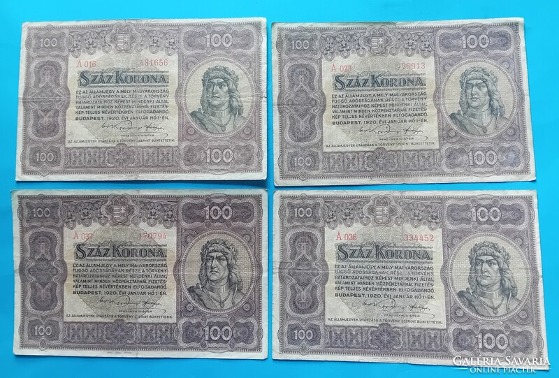 4 db 100 Korona 1920 évi