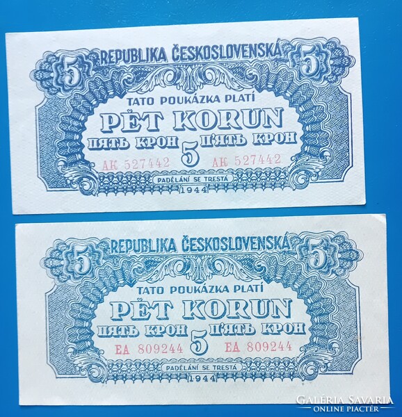 2 db csehszlovák 5 Korona Korun 1944 évi , eltérésekkel