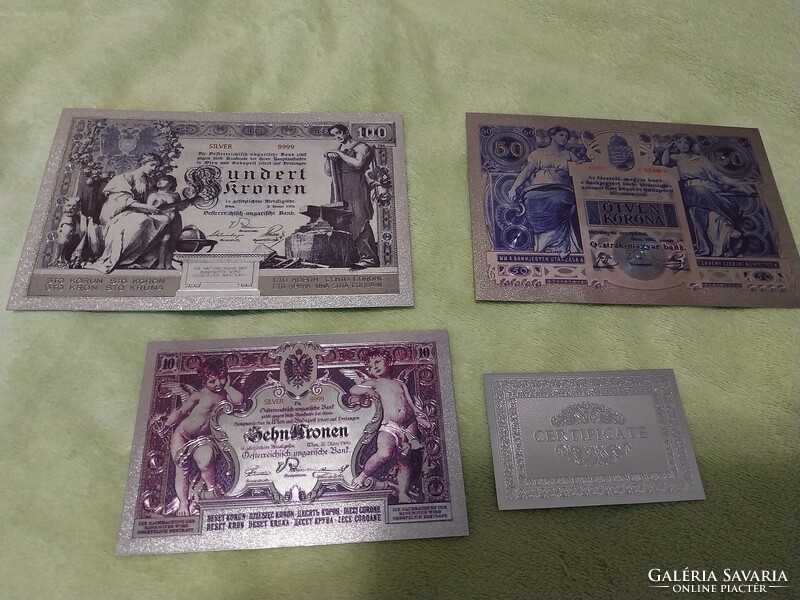 1902-es Osztrák-Magyar KORONA ezüsttel bevont plasztik 3 db bankjegyek (REPLIKA!) RETRO