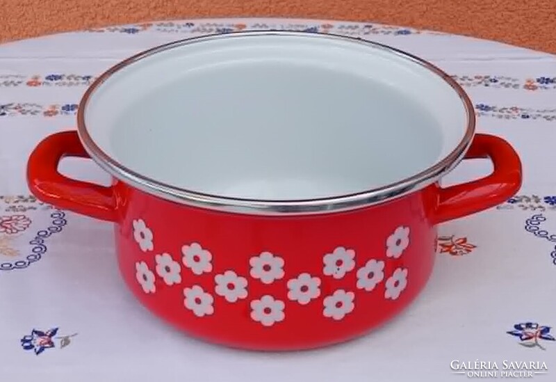 Régi Retro piros virágos zománcozott kis lábas 16 cm