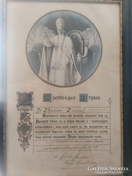 Ijjas érsek pápai apostoli áldást kérő emléklapja, eredeti vatikáni dombornyomott bélyegzővel