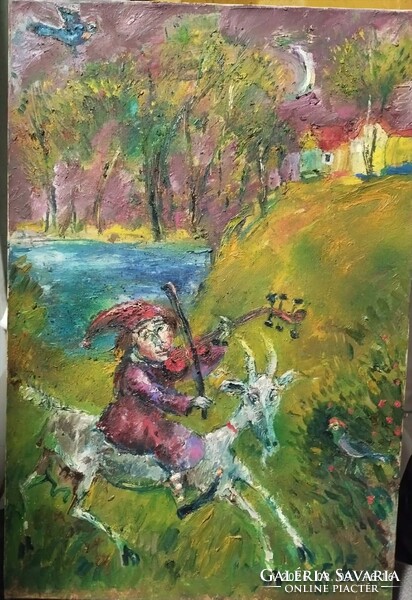 Olaj festmény, olaj vászon. Manó kecskeháton