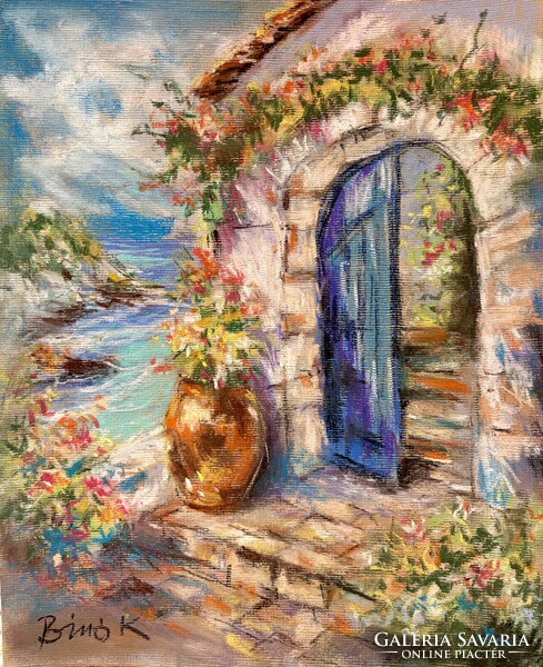 Mediterrán nap art by Konrad Biro. Különleges pasztell festmény 30x50 cm. Alacsony induló licittel!