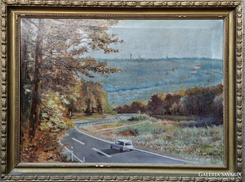 Farkas Lajos festő (1919-1998). Kacskaringós úton (Trabant kombival). Olaj/vászon,  50x70cm+keret.