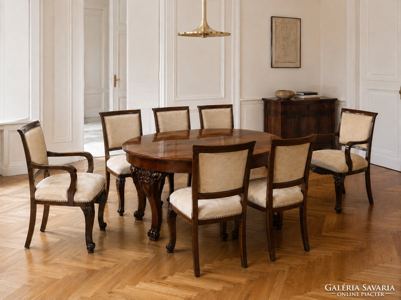 Prémium restaurált, bővíthető dió étkezőgarnitúra 8 székkel