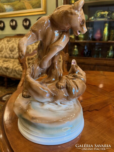 Zsolnay Birkózó medvék porcelán szobor 30cm