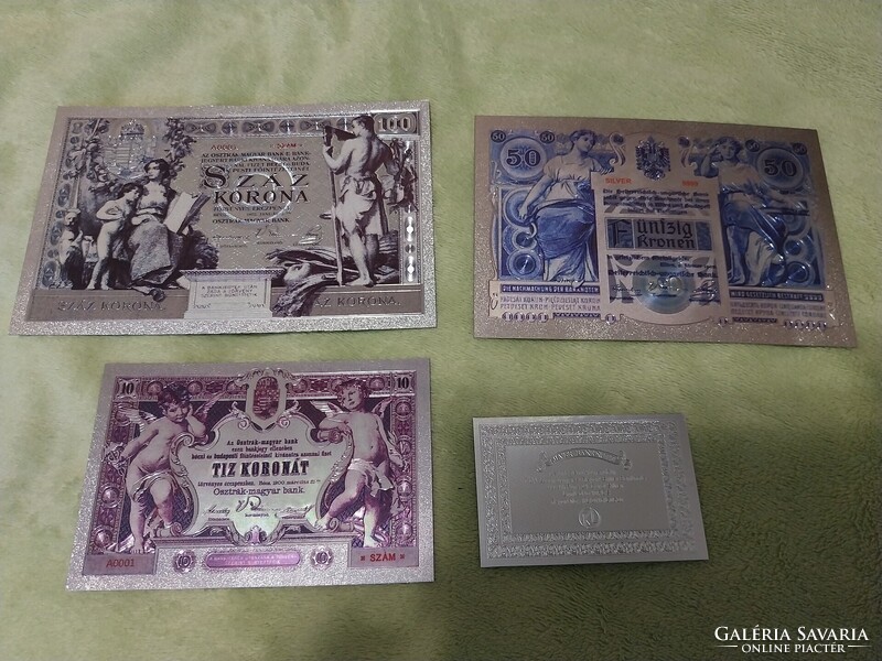 1902-es Osztrák-Magyar KORONA ezüsttel bevont plasztik 3 db bankjegyek (REPLIKA!) RETRO