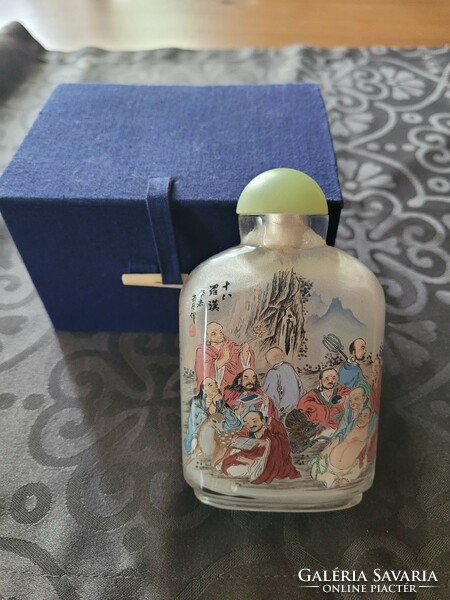 Kínai kézzel belül festett gyönyörű tubákos üveg,snuff bottle, Liu Shou-ben jelzésével, ásvány kupak
