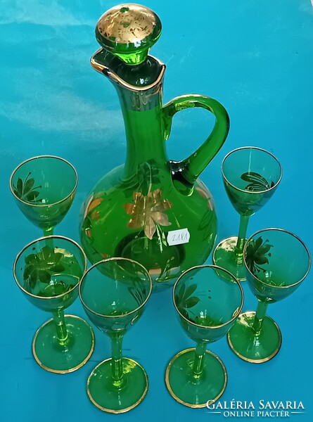 Set of 6 Green Glass Liqueur Glasses with Gold Decoration