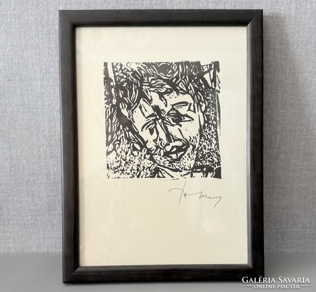 Burai István(?): Krisztus-grafika (10x10 cm linómetszet, 17x23 cm keretben)