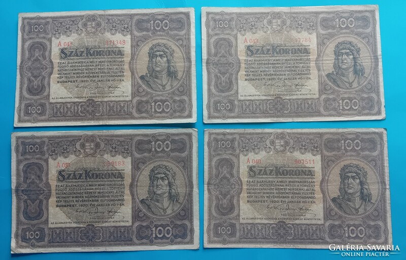 4 db 100 Korona 1920 évi