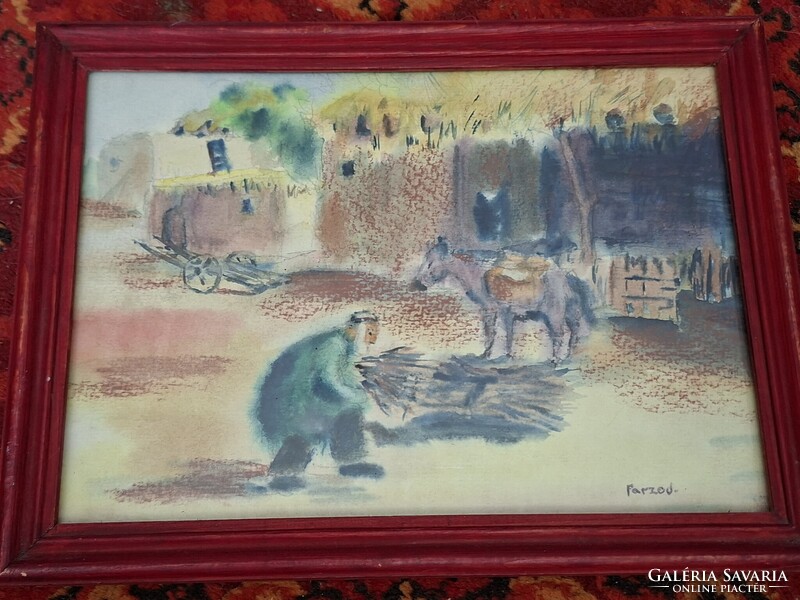 Hollóházi or Persian painter FARZAD? WATERCOLOR EASTERN LIFE SCENE under glass 28x21---24X18cm