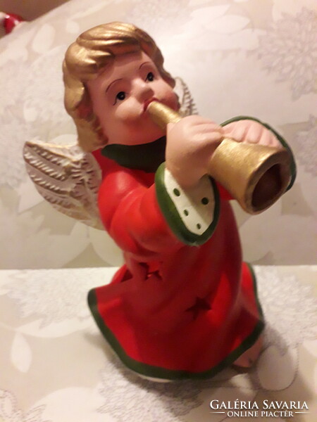 Karácsonyi figurális nagyobb tea mécses tartó trombitás angyal dekoráció 16x10cm hibátlan