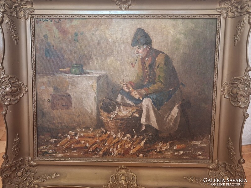Hirváth G. Andor Kukorica morzsolás hibátlan olajfestmény, eredeti kertében, szignált, 64 x 54 cm
