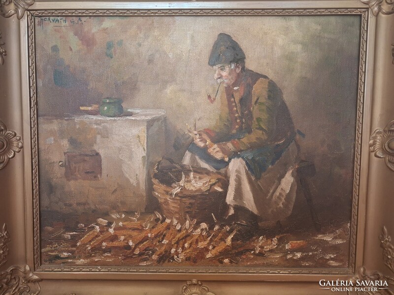 Hirváth G. Andor Kukorica morzsolás hibátlan olajfestmény, eredeti kertében, szignált, 64 x 54 cm