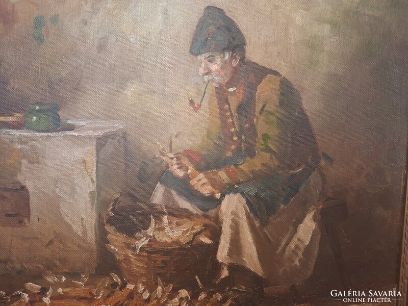 Hirváth G. Andor Kukorica morzsolás hibátlan olajfestmény, eredeti kertében, szignált, 64 x 54 cm