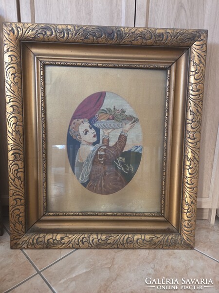 Gobelin kép díszes, aranyozott faragott keretben – kb. 84 × 73 cm